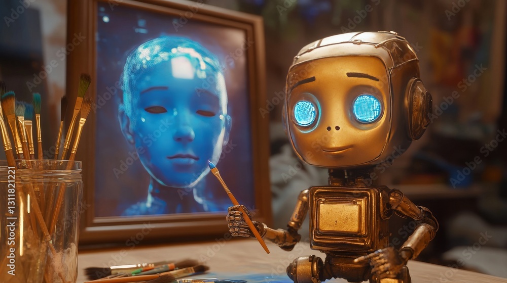 Poster a small robot with glowing blue eyes sits at a desk, holding a paintbrush. surrounding tools and a g