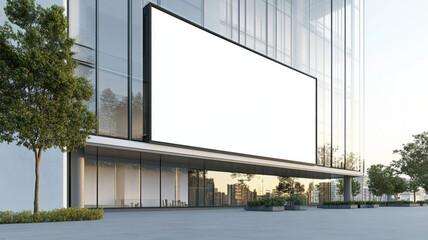 Obraz premium a modern building with a large, white banner prominently displayed on its facade, banner centered on the building, either hanging vertically down the side or stretched horizontally across the front. 