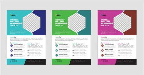 A bundle of 3 templates of different colors  flyer template, modern business flyer template,  Business abstract vector template. Brochure design, cover modern layout, annual report, poster,  Creativ