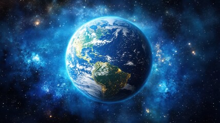 Fototapeta premium Stunning View of Earth Surrounded by Cosmic Nebula and Stars, Capturing the Beauty of Our Planet Against a Deep Space Background