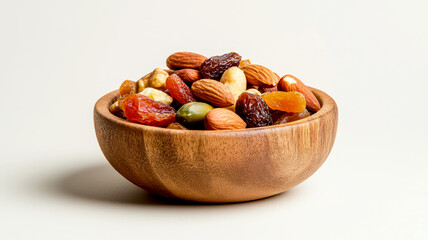 Healthy snack options nuts and dried fruits in a wooden bowl