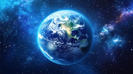 Fototapeta premium Stunning View of Earth from Space with Rich Blue Ocean and Shimmering Atmosphere Set Against a Background of Stars and Galaxies