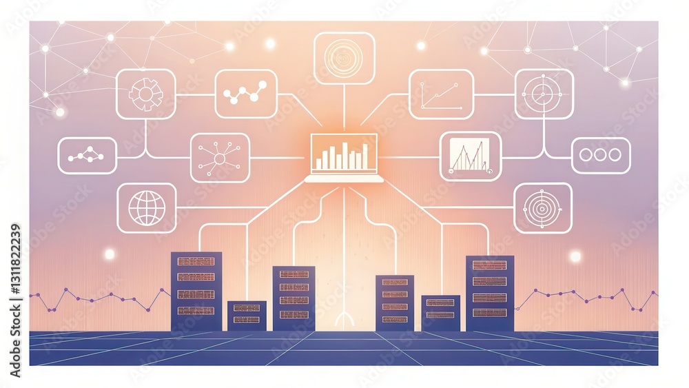 Poster a digital illustration depicting a network of data analysis, featuring servers and charts against a 