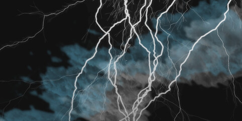 Fork lightning striking down during summer storm. Lightning, thunder cloud dark cloudy sky.