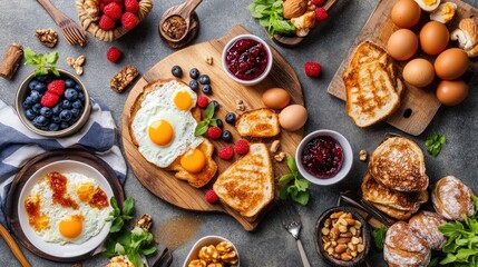 A rustic farmhouse breakfast with fresh eggs, sourdough toast, and homemade jam.