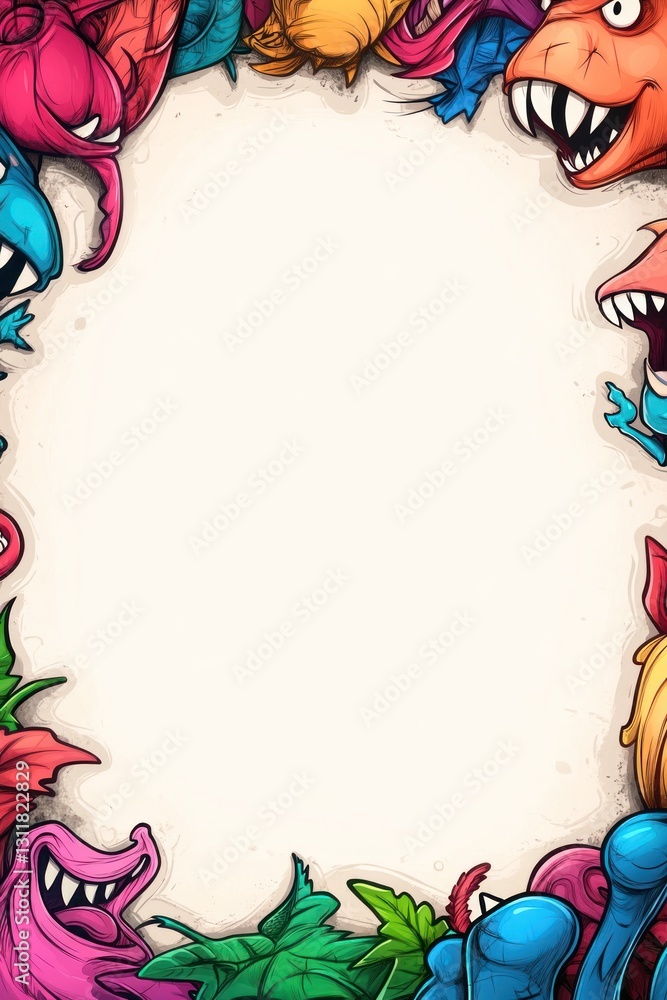 Poster monsters frame blank space. colorful cartoon characters surrounding empty area. simple backdrop