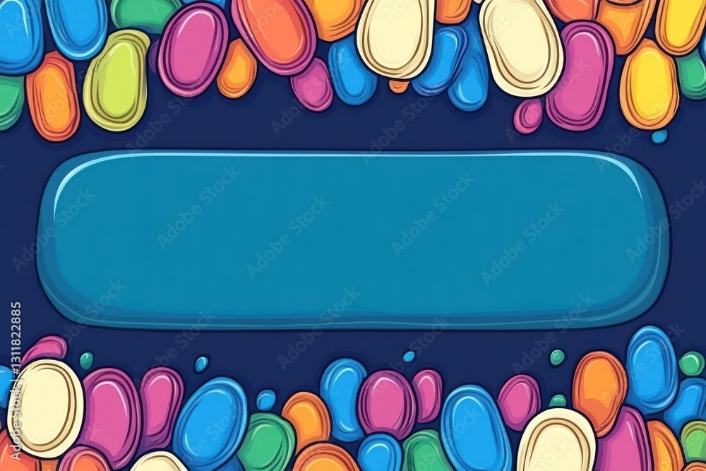 Poster multicolored pebble border on dark backdrop framing a solid blue oblong shape centered