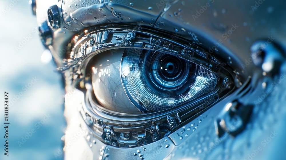 Poster a close-up macro view of a highly detailed robotic eye, featuring intricate metallic components and 
