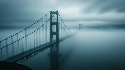 Obraz premium Fog envelops Golden Gate Bridge during early morning hours creating a mysterious atmosphere across the bay