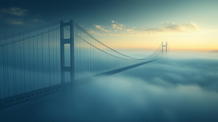 Golden Hour mist surrounds a towering bridge, capturing a serene moment in a foggy landscape at dusk