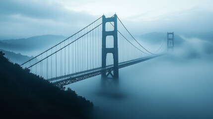 Obraz premium Fog envelops iconic suspension bridge in the early morning, creating a mysterious atmosphere over the landscape