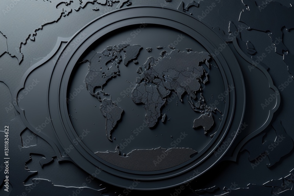 Poster a textured black map features a detailed topography of the world showcasing countries and continents