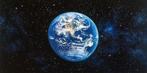 Naklejka premium A breathtaking close-up of Earth from space reveals its vibrant blue oceans and white clouds, cradled in an infinite sea of twinkling stars against the cosmic blackness