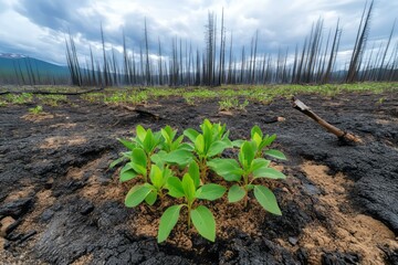Young plant growing in a barren area signifying forest fire recovery efforts and hope for renewal