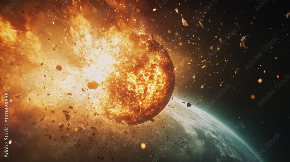 Aufkleber a stunning image of a planet exploding violently with glowing fiery fragments dispersing in space, s