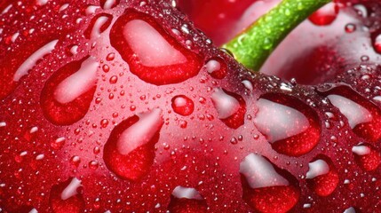 Ripe cherry with glossy red skin and water droplets, green stem, isolated on blurred background. Freshness and natural beauty in focus.