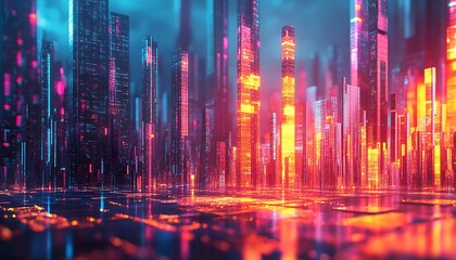 Futuristic city skyline at night with glowing skyscrapers.