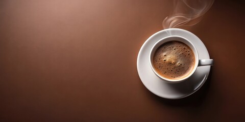 Aromatic Coffee in a White Cup with Steam Rising on a Brown Surface