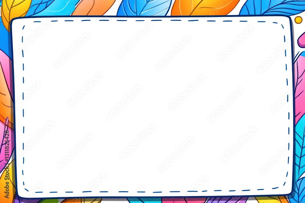 Poster rectangle frame bordered by colorful, bright leaves. template for custom design