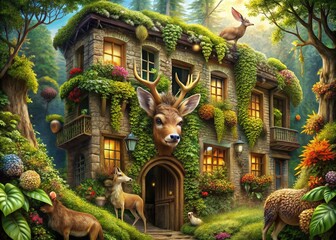 Fototapeta premium Whimsical Forest Animals in Organic Textured Architectural Setting
