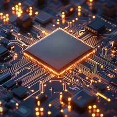 A futuristic microchip surrounded by glowing circuits on a sleek surface, representing advanced technology and innovation