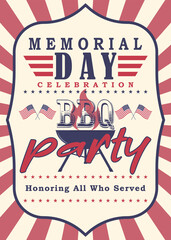 Memorial Day barbecue party flyer, greeting card, invitation template. Memorial Day BBQ party background.