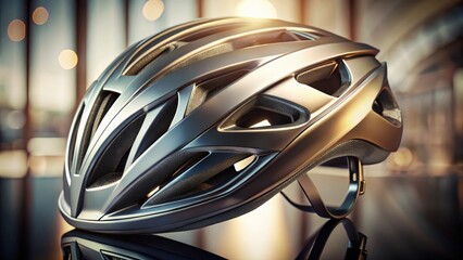 Sleek metallic bicycle helmet design, showcasing advanced aerodynamic features and protective shell, reflecting modern engineering