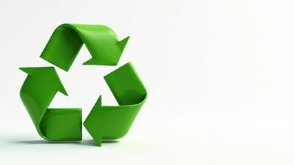 Obraz premium A bright green recycling symbol is prominently displayed against a plain background. The design features three arrows forming a circular shape representing sustainability and eco-friendliness.