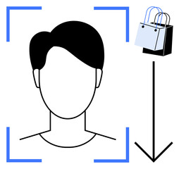 Head outline inside blue brackets, large arrow pointing to shopping bags. Ideal for privacy, security, online shopping, e-commerce, technology, data analysis identity verification. Abstract line