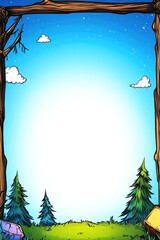 Sunny day background with wooden frame, fir trees, grass, rocks, blue sky with clouds and stars