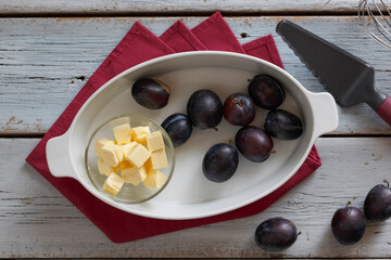 Concept of home baking. Plum Pie Ingredients