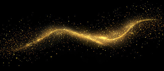  Luxury golden glitter waves with sparkling particles, abstract vector illustration on transparent background for elegant design elements. Golden sparkle effect with space for text, isolated yellow du