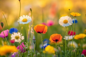 Naklejka premium field of poppies and daisy flowers