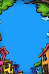 Fototapeta premium Townscape backdrop Colorful houses under tree canopy on vivid blue sky; illustrated, whimsical