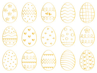 Golden egg outline set. Decorated with hearts, wave, dots, flowers, lines Easter eggs clip art collection. Easter Sunday symbol, vector graphics