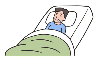 半座位呼吸、ファウラー位でベッドに寝ている中年男性