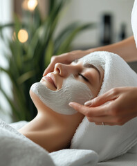 woman receiving facial treatment in spa setting, with soothing atmosphere and focus on relaxation. aesthetic emphasizes skincare and self care