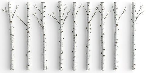 set of natural birch trunks isolated on white 