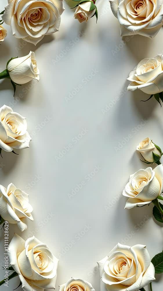 Poster a white rose bouquet with a white background. the roses are arranged in a circle. there are at least