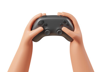 Cartoon character hands holding black realistic gamepad isolated over transparent background.