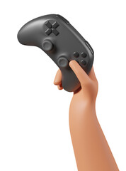 Cartoon character hand holding black realistic gamepad controller isolated over transparent background.
