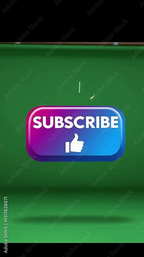 Poster interactive subscribe button animation with click cursor and like icon on green screen background