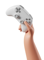 Cartoon character hand holding white gamepad controller isolated over transparent background.