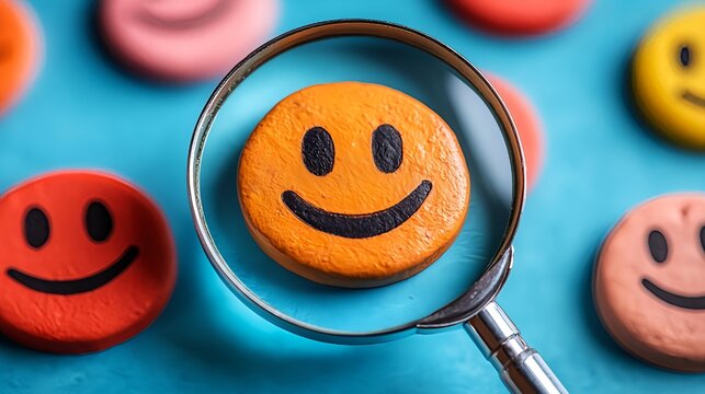 Customer review satisfaction feedback survey concept to gather insights and improve its services. A magnifying glass focuses on smile face among different feedback emoticons on blue background