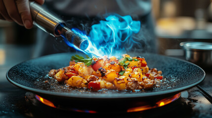 Culinary artistry shines as chef uses torch to caramelize fresh ingredients during a gourmet cooking demonstration in a modern kitchen setting