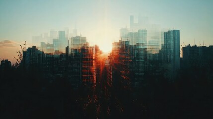 Fototapeta premium Cityscape sunrise with ethereal double exposure effect creating dreamy visuals