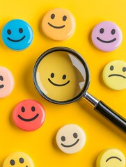 Customer review satisfaction feedback survey concept to gather insights and improve its services. A magnifying glass focuses on smile face among different feedback emoticons on yellow background