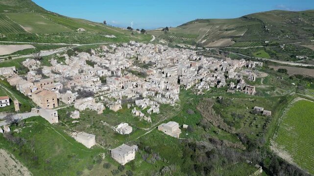 Aerial view of Poggioreale 'ghost town', a village in central Sicily that was heavily damaged by the 1968 Belice earthquake, and has been abandoned since. 
