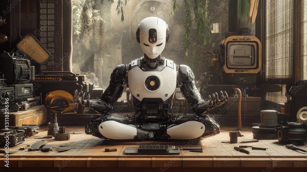 Poster intricate humanoid robot sitting cross-legged in a workshop filled with vintage tools, blending adva