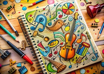 Obraz premium Whimsical Music Doodle Notebook Page: Creative Hand-Drawn Illustrations